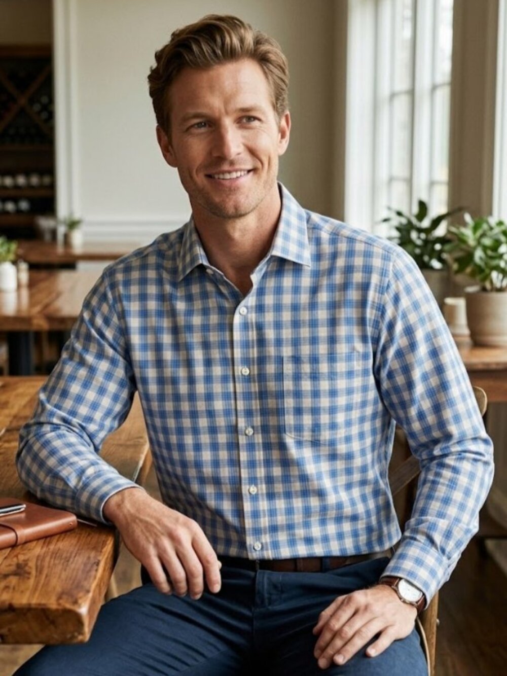 Peter Millar Crown Ease Blue Plaid Stretch Button Down Shirt Large